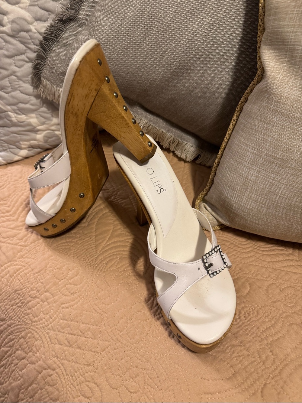 Two Lips White Leather Wooden Platform Studded Mules - Picture 2 of 3